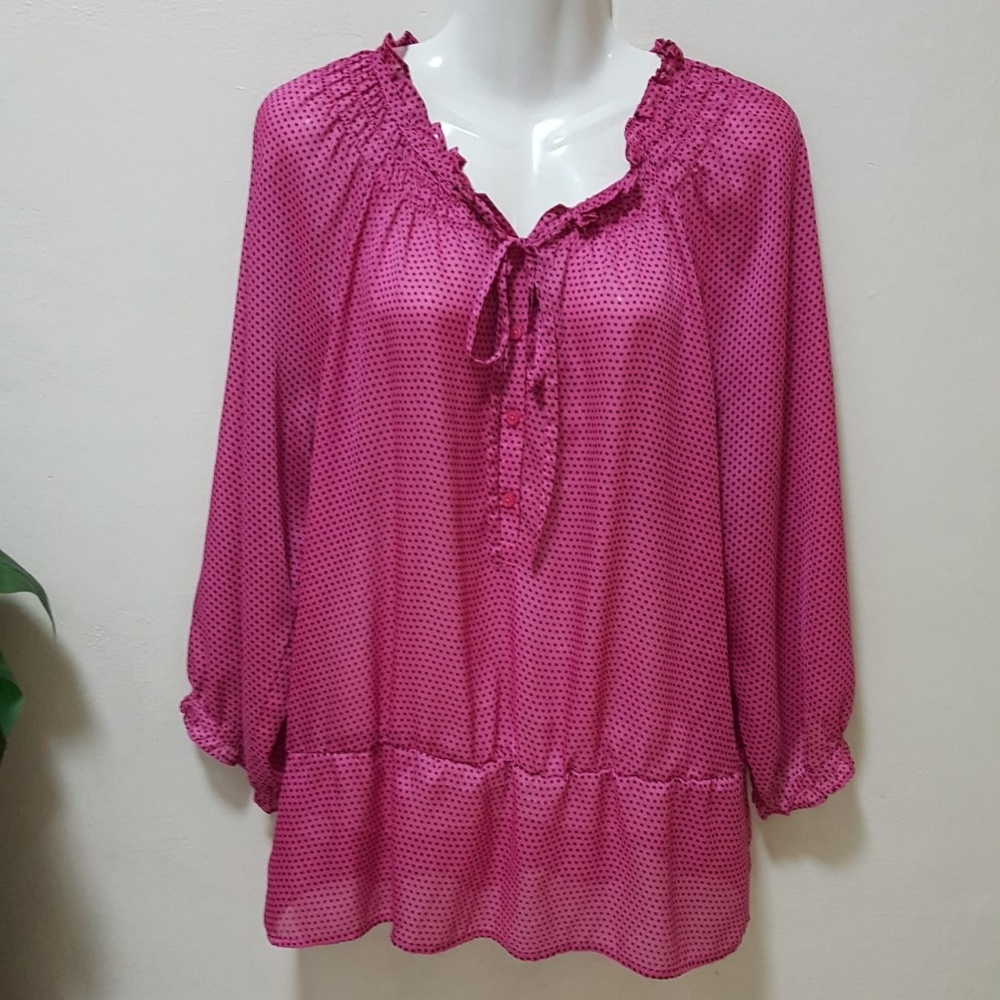 Loft Womens Shirt Blouse Top L Pink Black Polkadots Drawstring Semi Sheer Long L